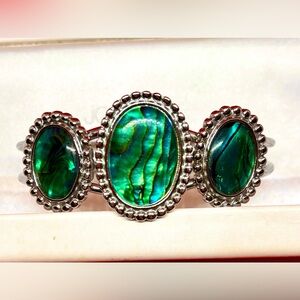 Elegant Silver and Green Abalone Shell Hinged Bracelet